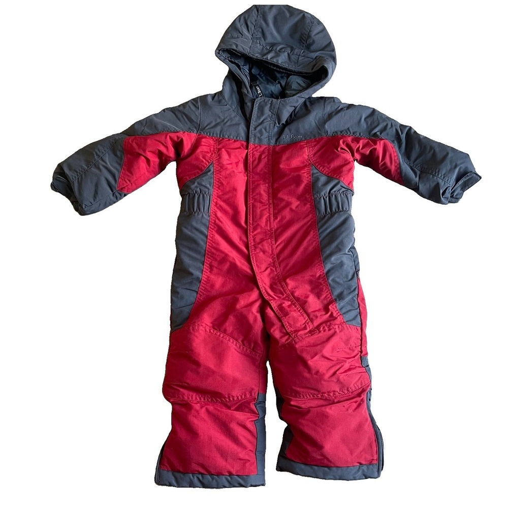 LL Bean Snowsuit Toddler 2T Boys Girls Red Gray Hooded One Piece Grow Cuffs